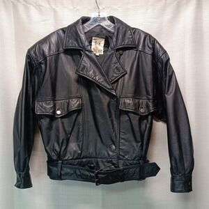 Vtg Together Women's S(4-6) Black Leather Jacket Belted Button Biker 90's Y2K